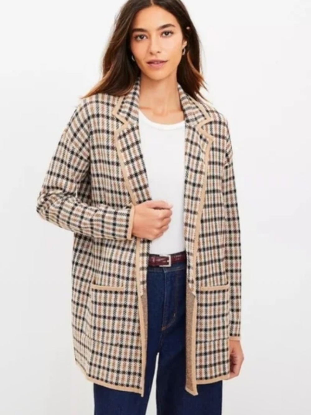 Loft Ann Taylor Brown Plaid 100% Cotton Open Front Lightweight Cardigan Sweater